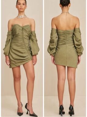 cult gaia Olive Off-Shoulder Ruched Mini Dress with Puff Sleeves